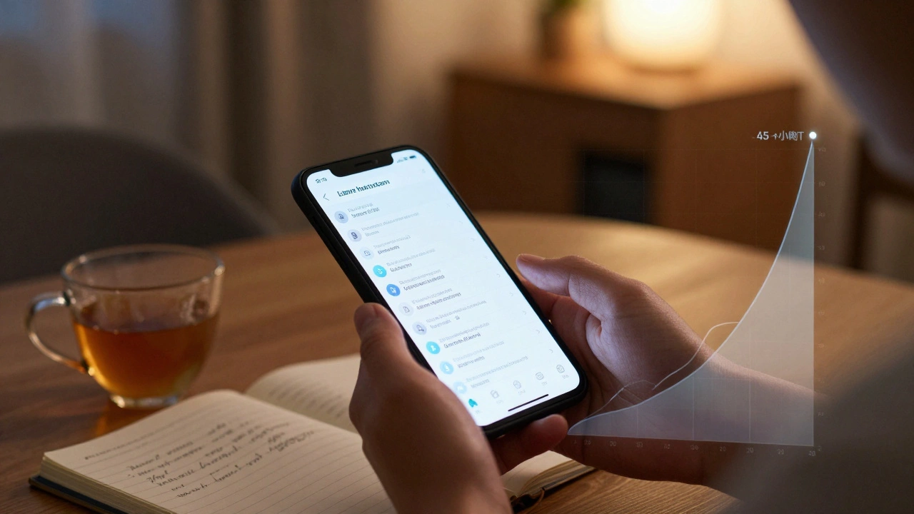 Человек читает длинный пост в Telegram вечером, рядом чашка чая и заметки, на фоне — растущие графики просмотров.