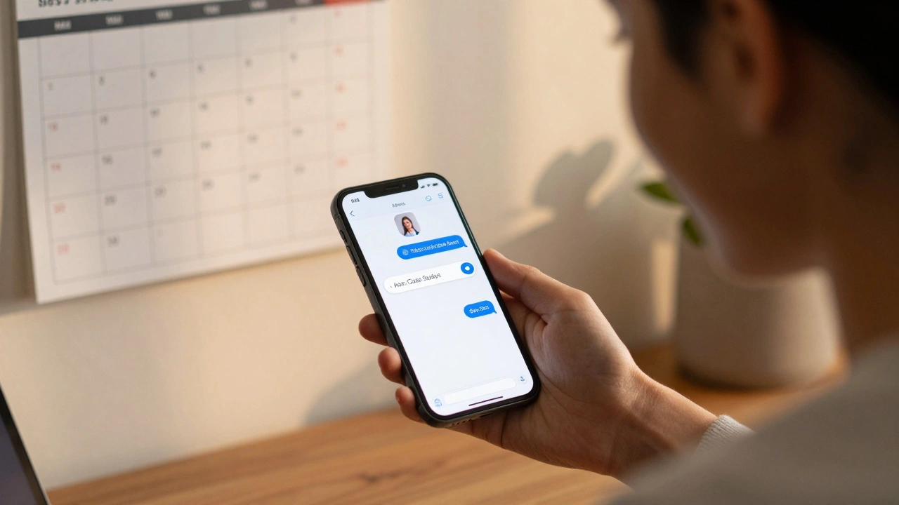 Человек читает голосовое сообщение от Telegram-бота, на фоне виден расписанный календарь контента.