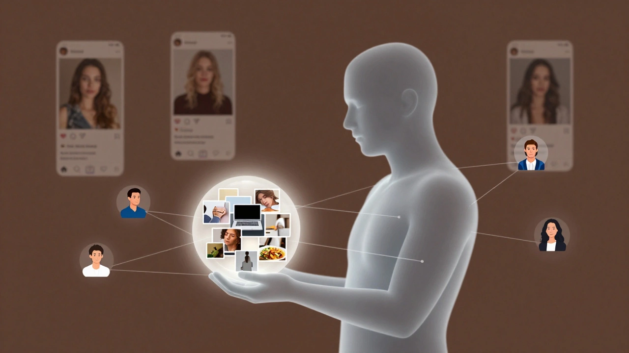 Человек держит светящийся шар с повседневными моментами, связанный тонкими нитями с друзьями, фон — стёртый Instagram-лент.