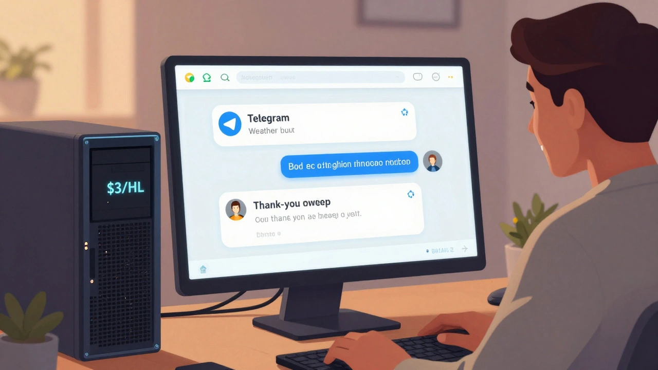 Человек наблюдает, как Telegram-бот автоматически отвечает пользователям, на фоне дешевого VPS-сервера с меткой ' в месяц'.