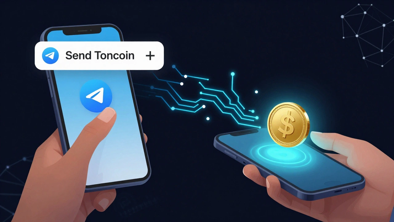 Человек отправляет Toncoin через чат Telegram, монета летит от одного телефона к другому.