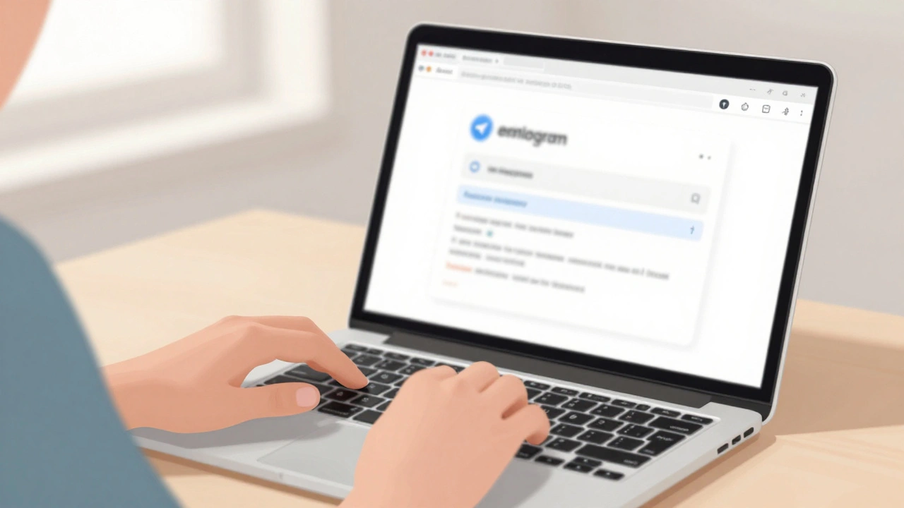 Человек проверяет уведомление электронной почты о восстановлении Telegram на ноутбуке