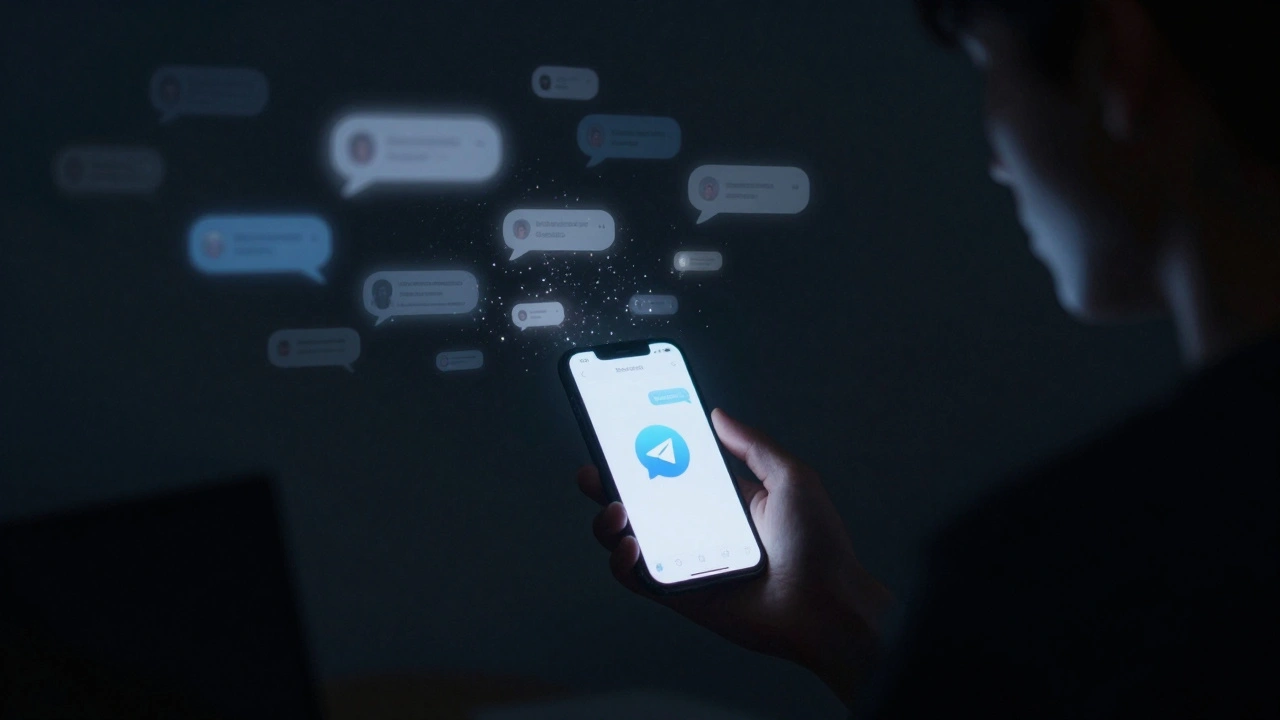 Человек с телефоном, где исчезающие сообщения растворяются в цифровой пыли