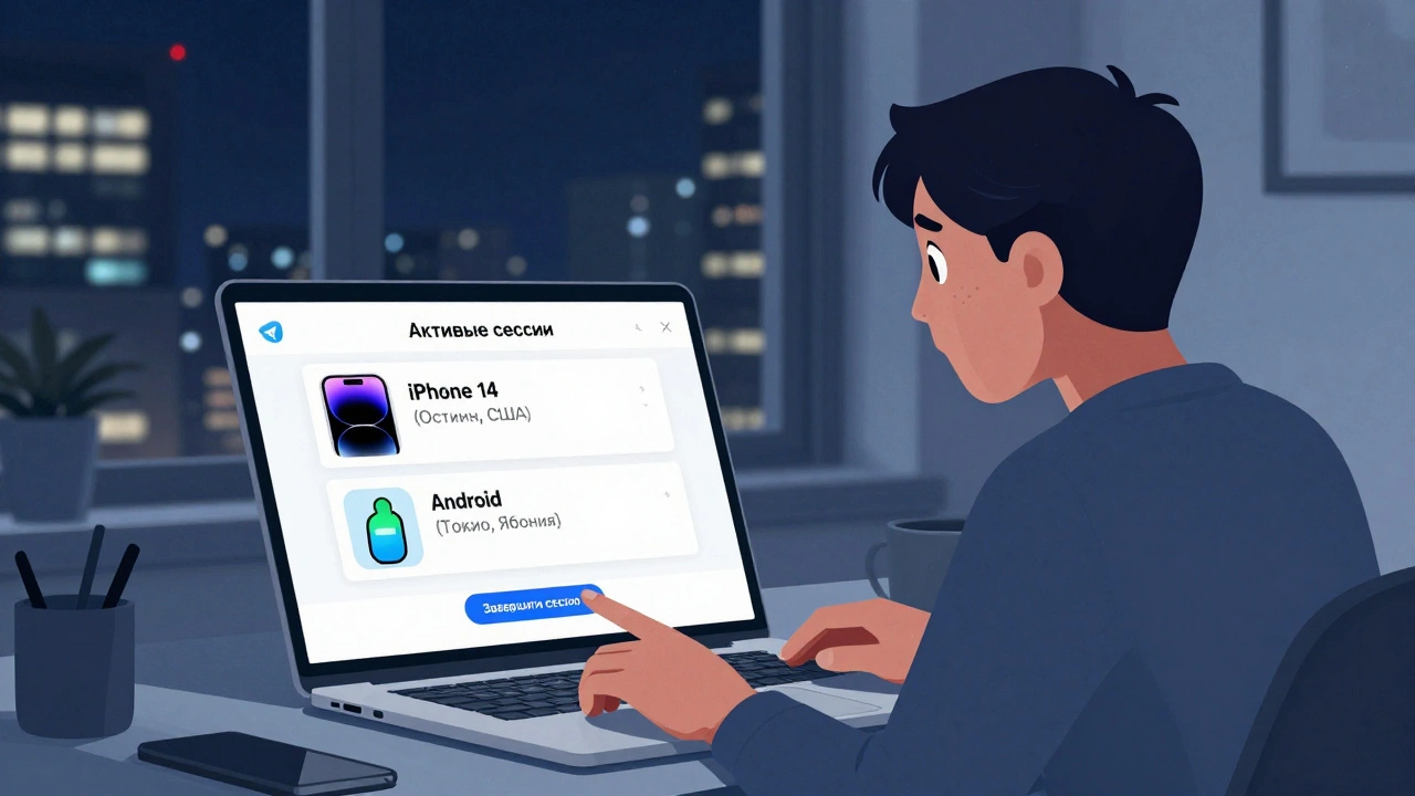 Человек смотрит на список активных сессий Telegram на экране ноутбука, одна из них подозрительна.