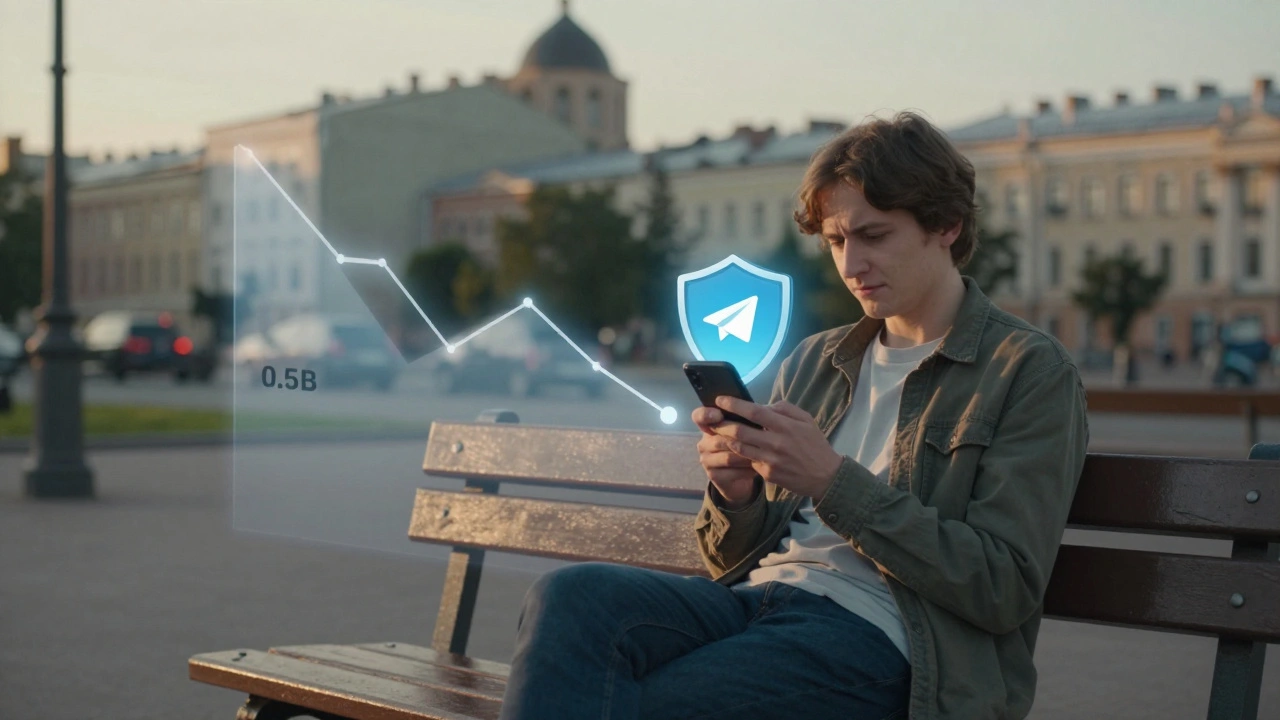 Человек в городе с телефоном, на котором показано снижение расхода данных благодаря режиму экономии трафика.