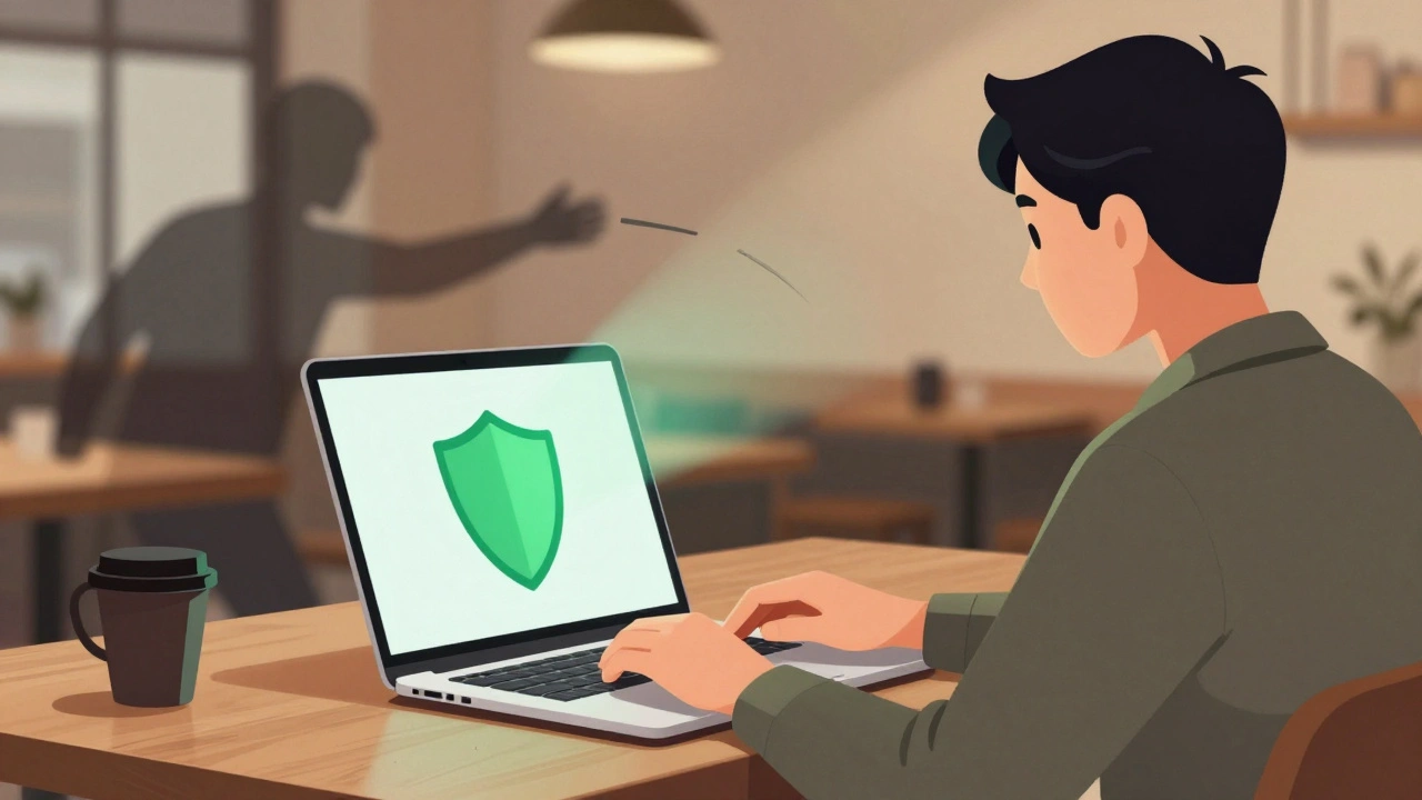 Человек в кафе с ноутбуком и защитным щитом, хакер пытается перехватить данные