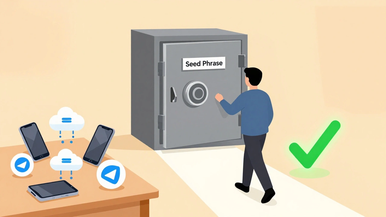 Человек закрывает сейф с фразой, уходя от беспорядка — символ дисциплины и безопасности в криптовалюте.