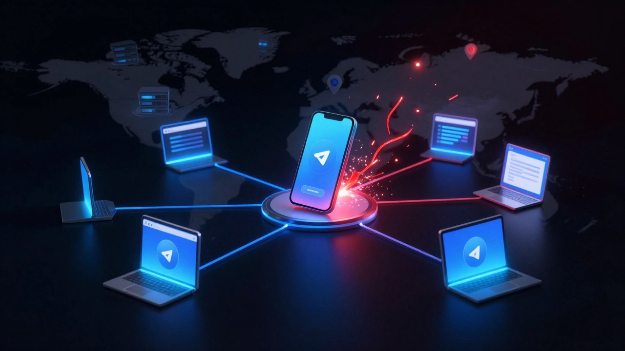 Цифровая сеть устройств, одна из связей разрывается и исчезает искрами, символизируя завершение подозрительной сессии.