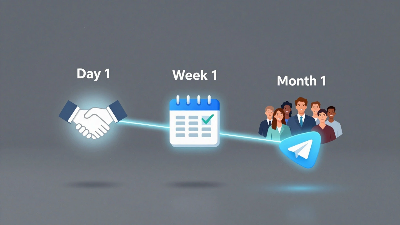 Цифровая временная шкала с тремя этапами адаптации, оформленная как цепочка сообщений Telegram.