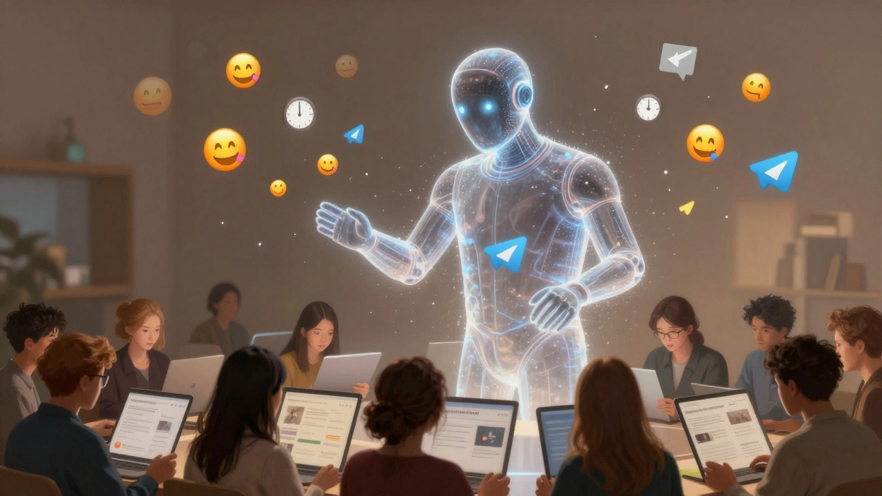 Цифровой бот собирает данные о поведении подписчиков в Telegram-канале, светящиеся частицы показывают реакции и клики.