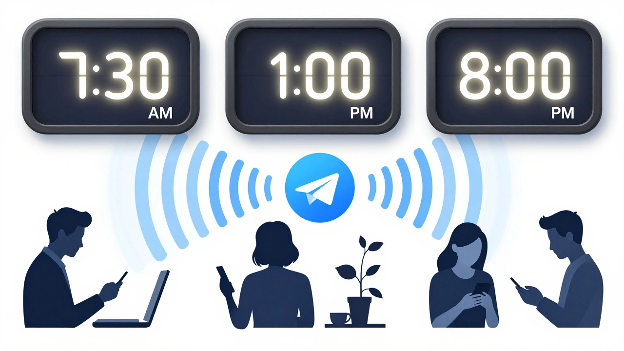 Цифровые часы с тремя временными окнами активности, вокруг — силуэты пользователей, взаимодействующих с Telegram.