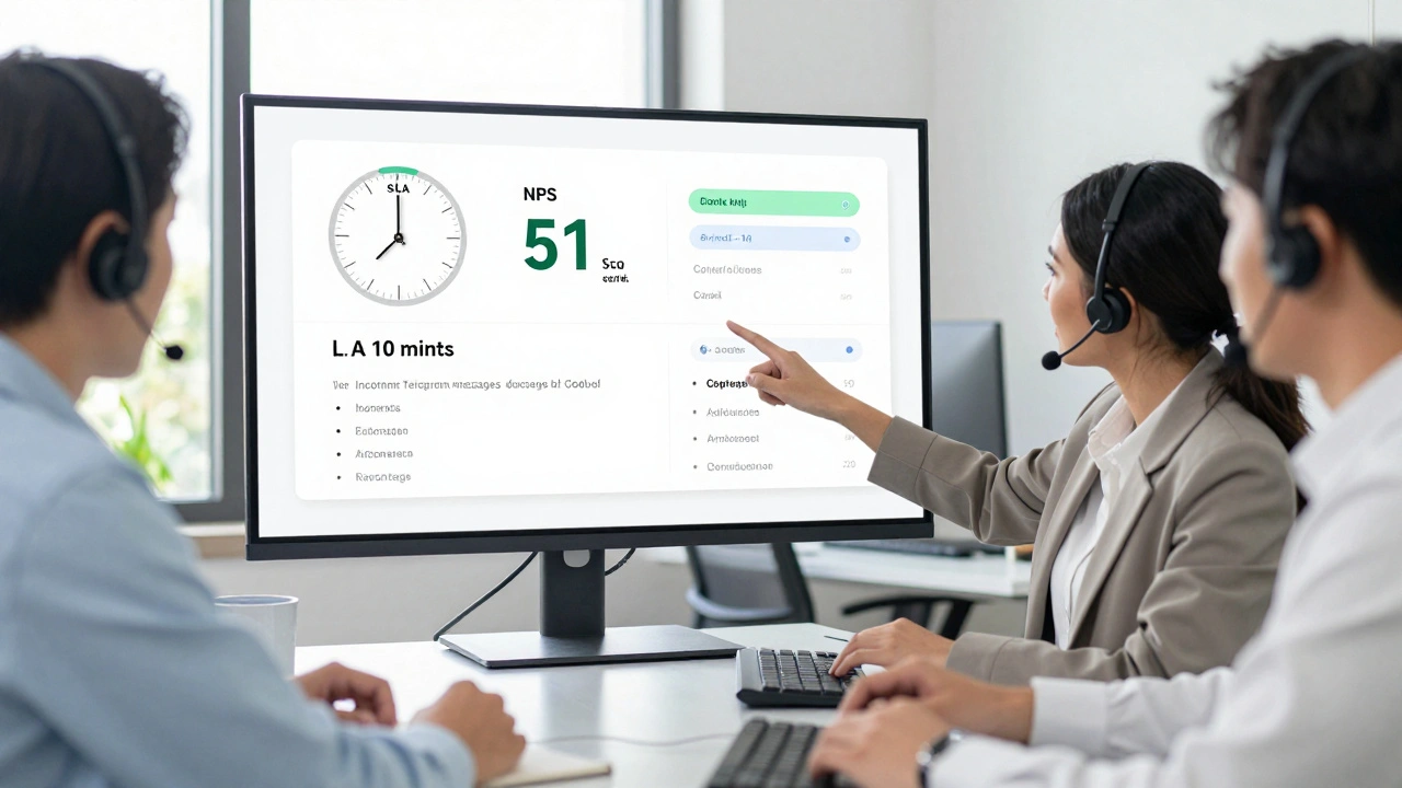 Customer service team analyzing real-time SLA and NPS metrics on a large screen in a sunlit office