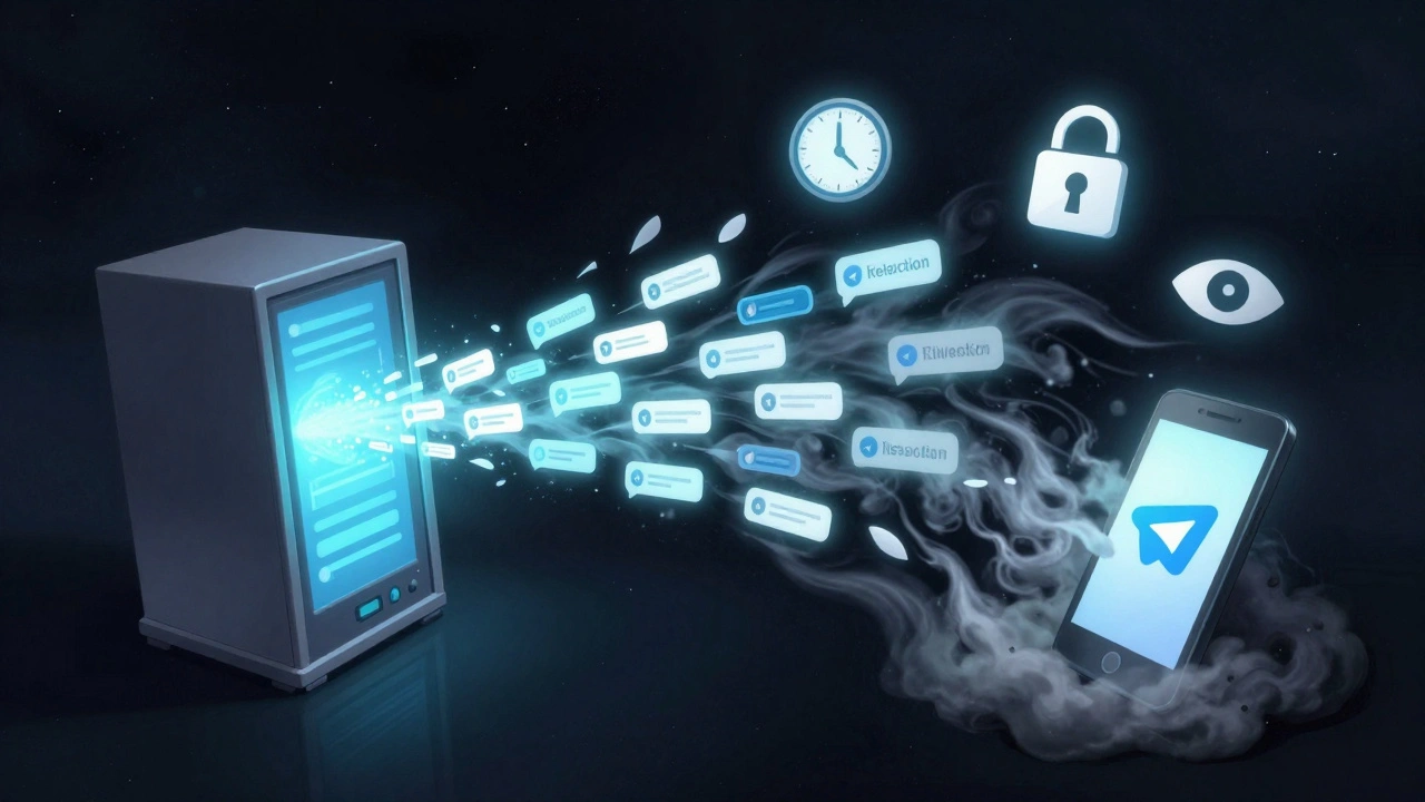 Данные сообщений исчезают из облака и устройств, символизируя полное удаление для приватности.