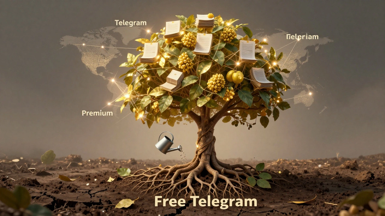 Дерево бизнеса, корни которого слабы без Premium, а ветви процветают с ним — символ инвестиций.