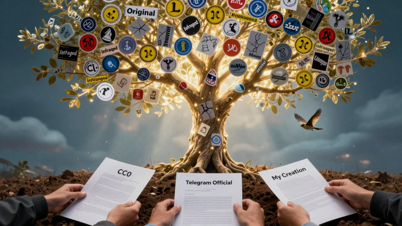 Дерево из стикеров: одни светятся как оригиналы, другие — потускнели; люди сажают легальные варианты в землю.