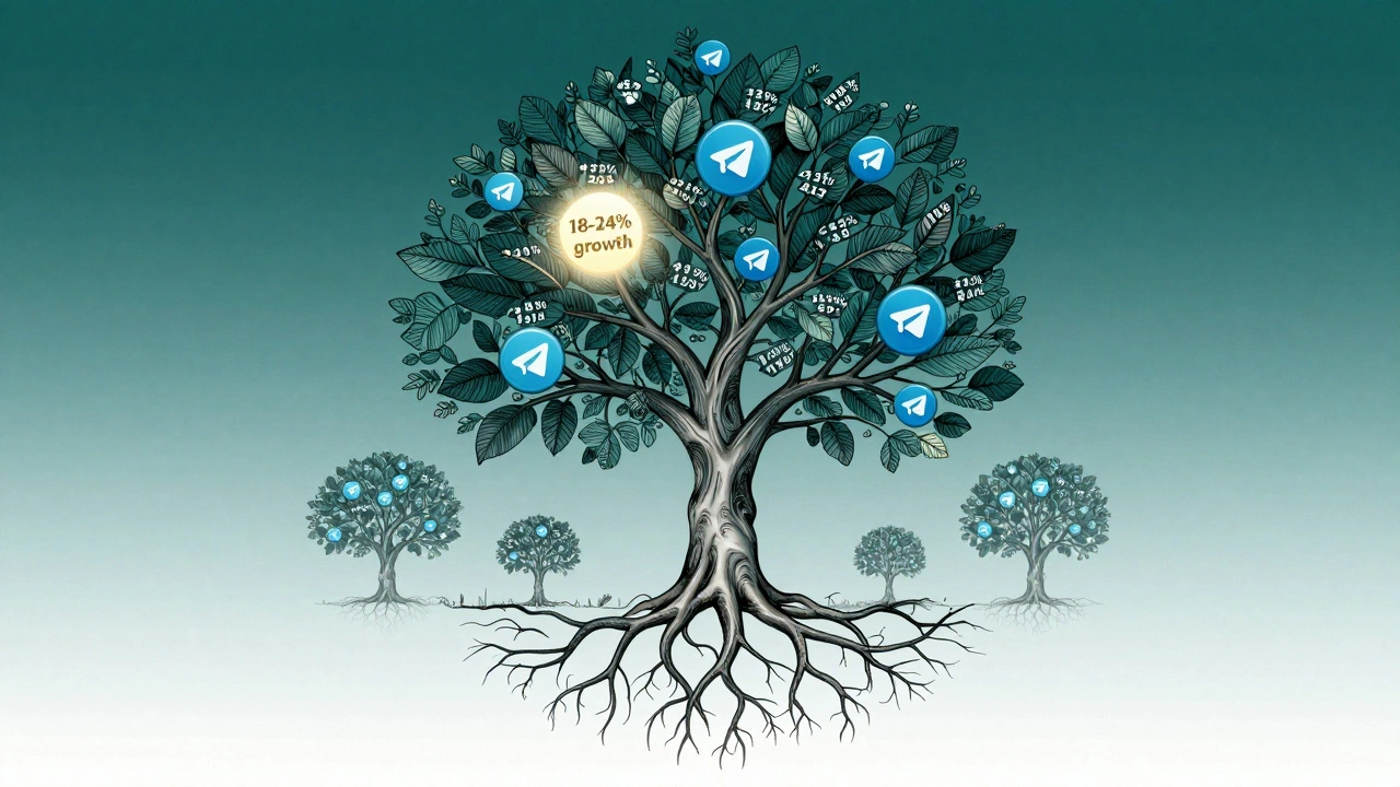 Дерево с корнями-иконками Telegram-каналов, ветви которого показывают рост подписчиков, окружённое цифровой средой.