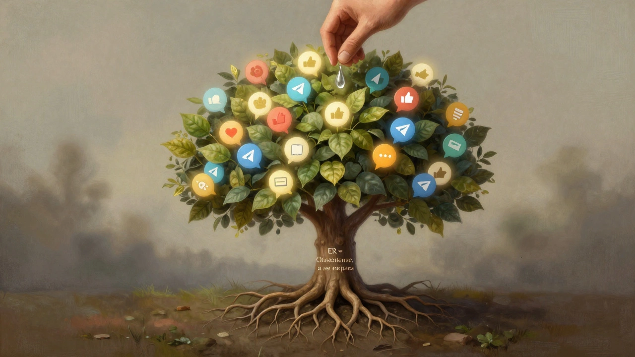 Дерево с листьями-взаимодействиями растет из подписчиков, символизируя рост вовлеченности через доверие.