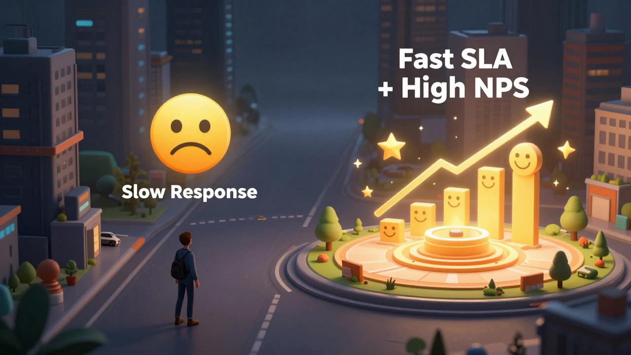 Digital path diverging into dark slow-response alley and bright fast-response plaza with happy customers