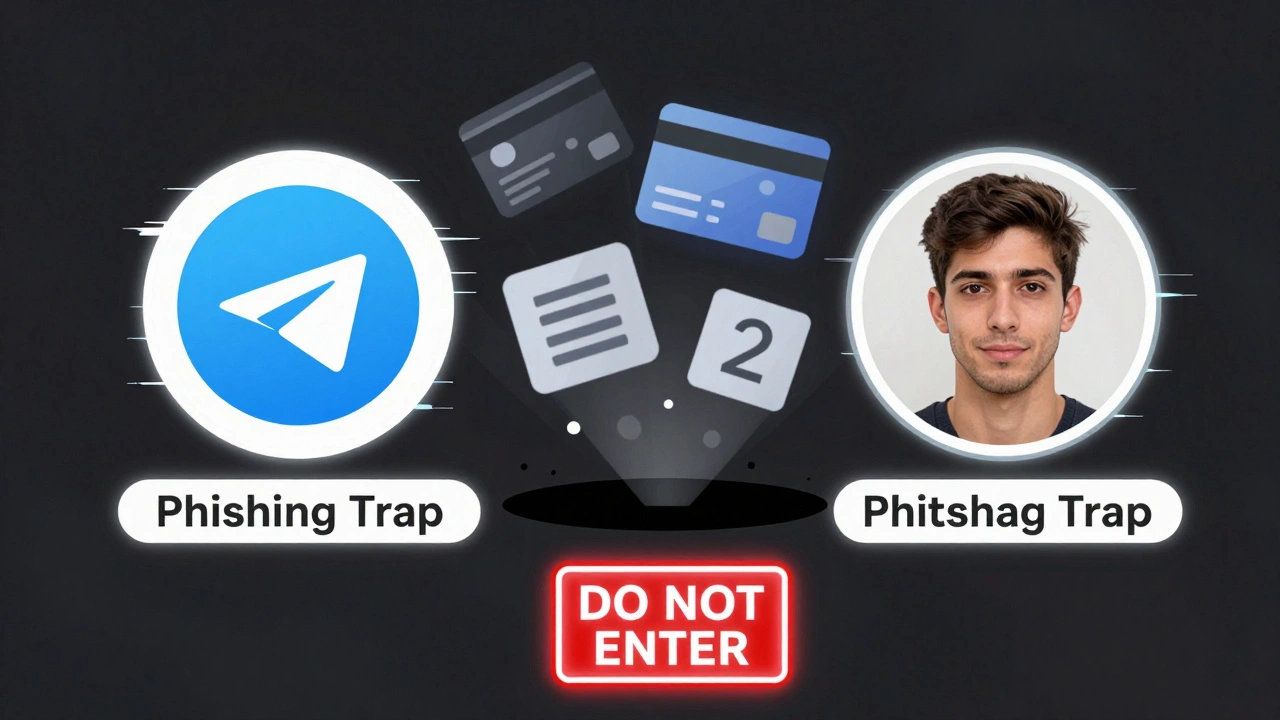 Два профиля в Telegram — один настоящий, другой поддельный — рядом с падающими в черную дыру данными.