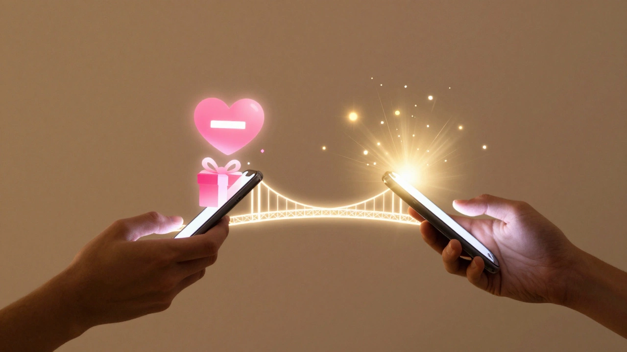 Два смартфона обмениваются анимированным подарком — символ цифровой заботы.