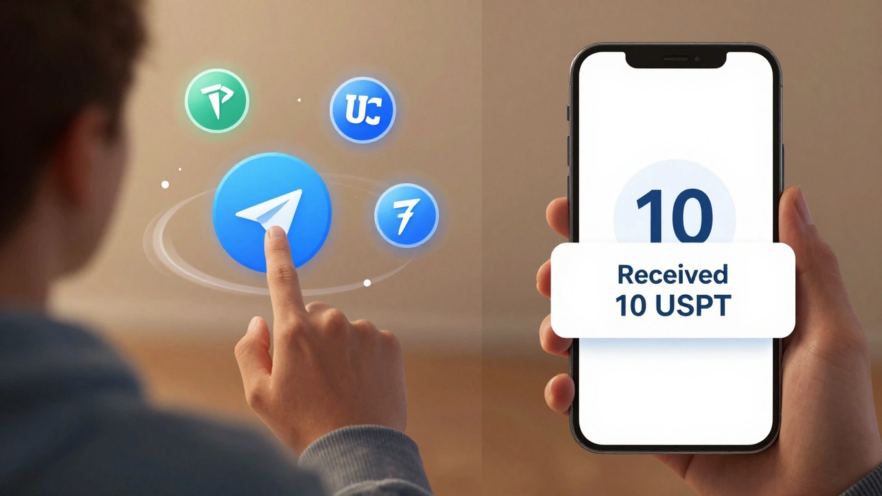 Два телефона: слева — отправка криптовалюты через Telegram, справа — получение платежа в чате, вокруг — плавающие иконки криптовалют.
