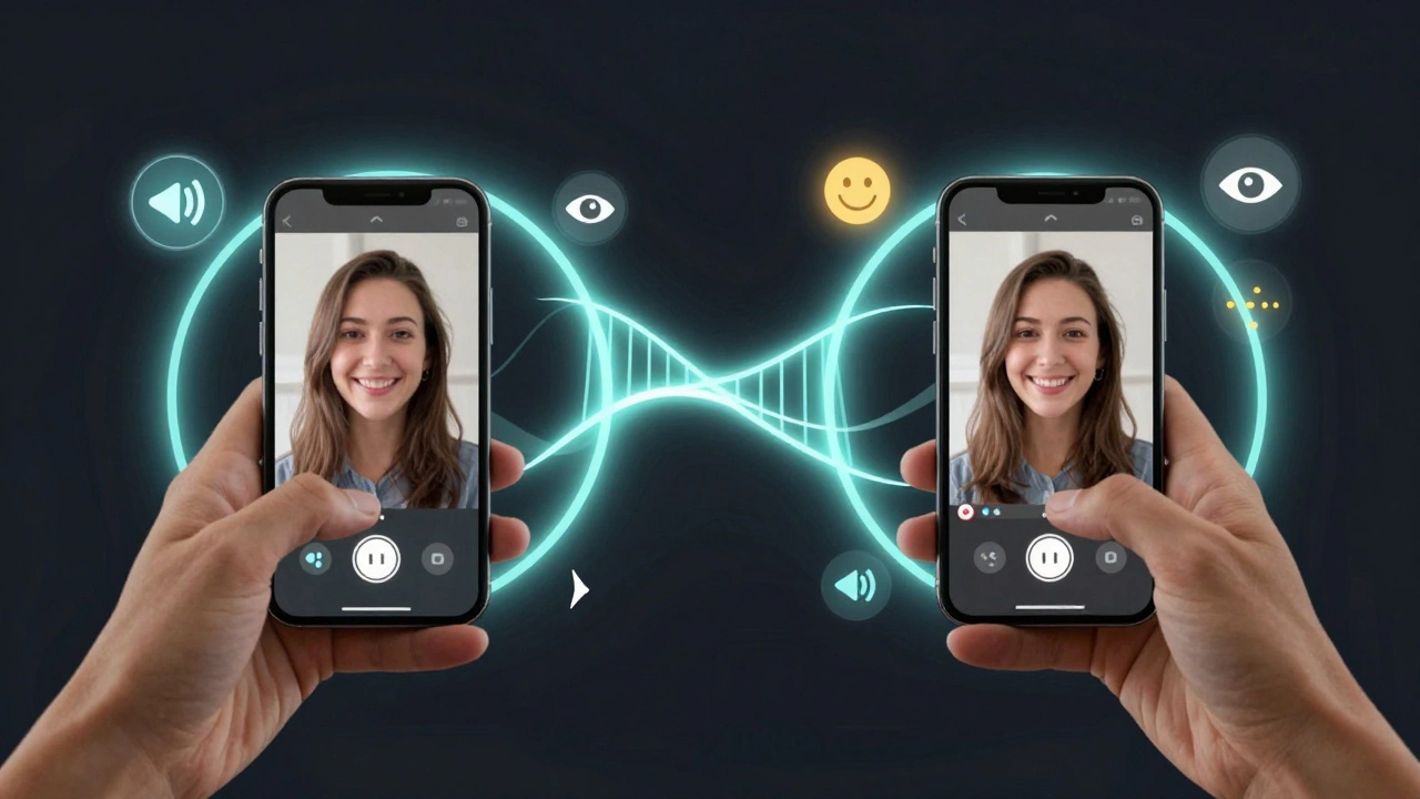 Два телефона соединены светящимися круговыми видеопотоками, символизируя мгновенное эмоциональное общение.