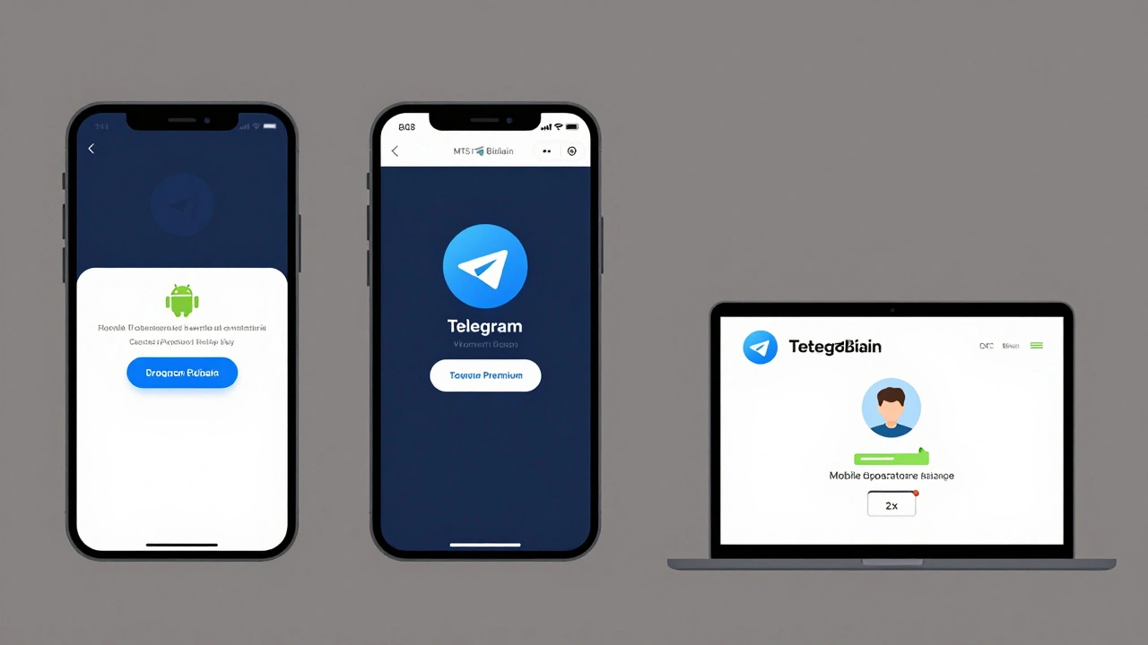 Два устройства — iPhone с Apple Pay и Android с оплатой через оператора — оба подтверждают активацию Telegram Premium без текста на экранах.
