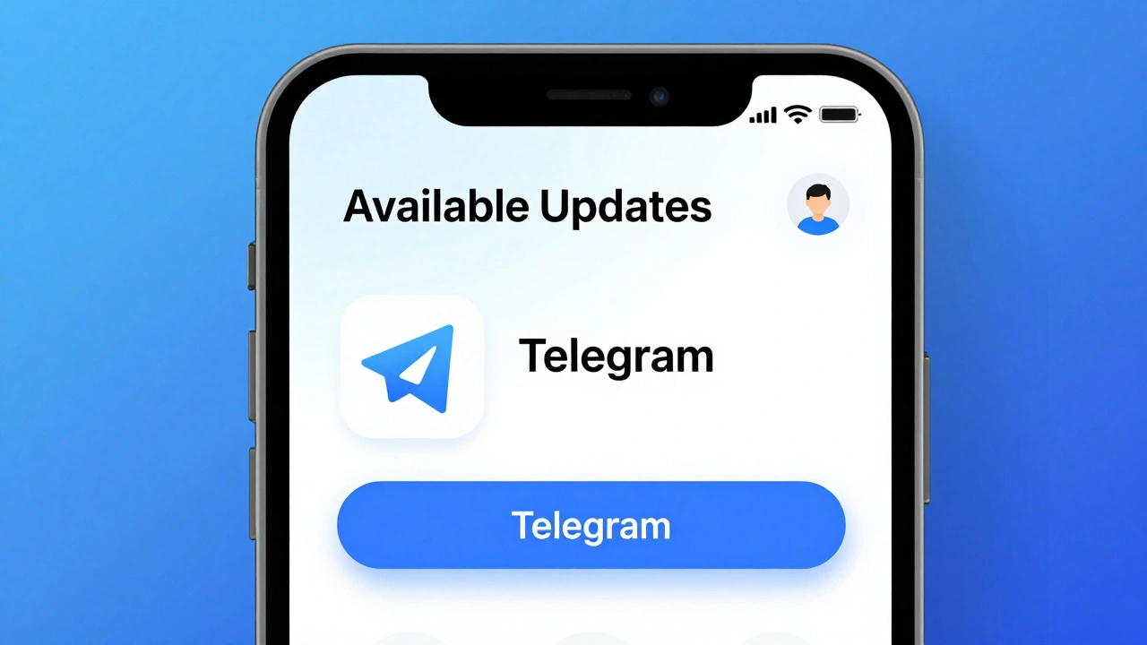 Экран App Store с кнопкой обновления Telegram на iPhone.