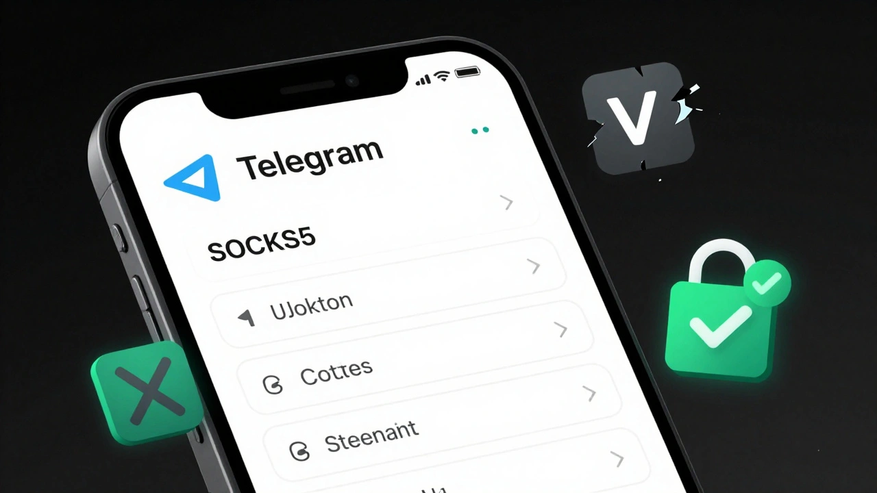 Экран настройки прокси в Telegram с иконками VPN, Tor и безопасного SOCKS5-сервера.