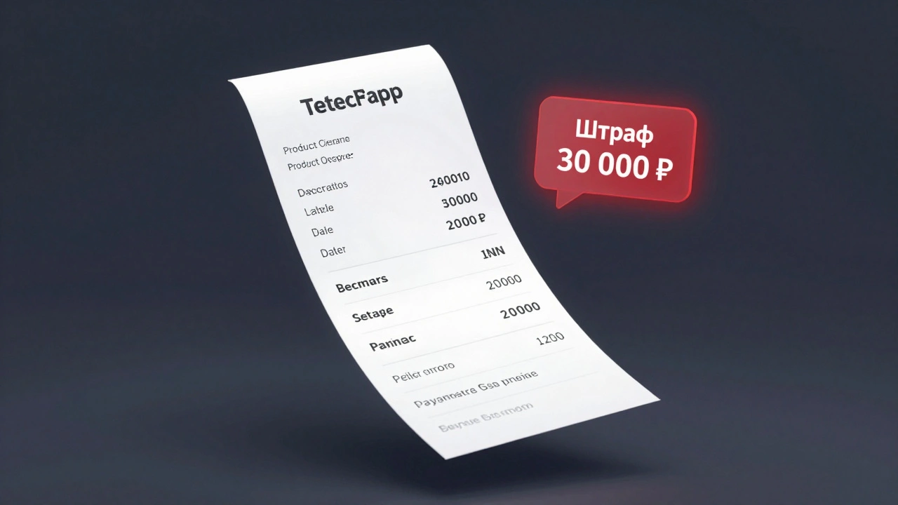 Электронный чек с юридическими реквизитами всплывает в чате, рядом — предупреждение о штрафе за отсутствие чека.