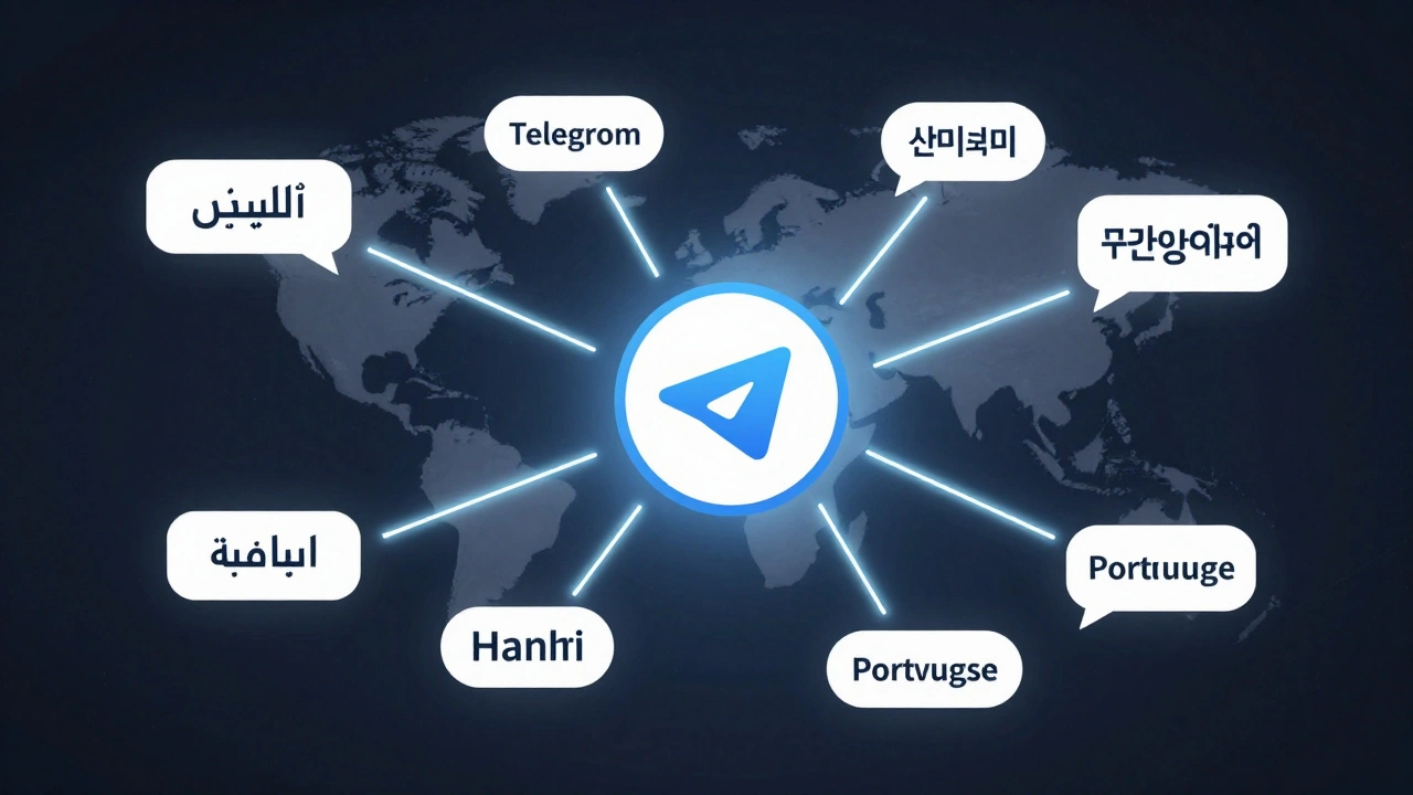 Глобальная сеть языковых пузырей, преобразующихся в родной язык через логотип Telegram.