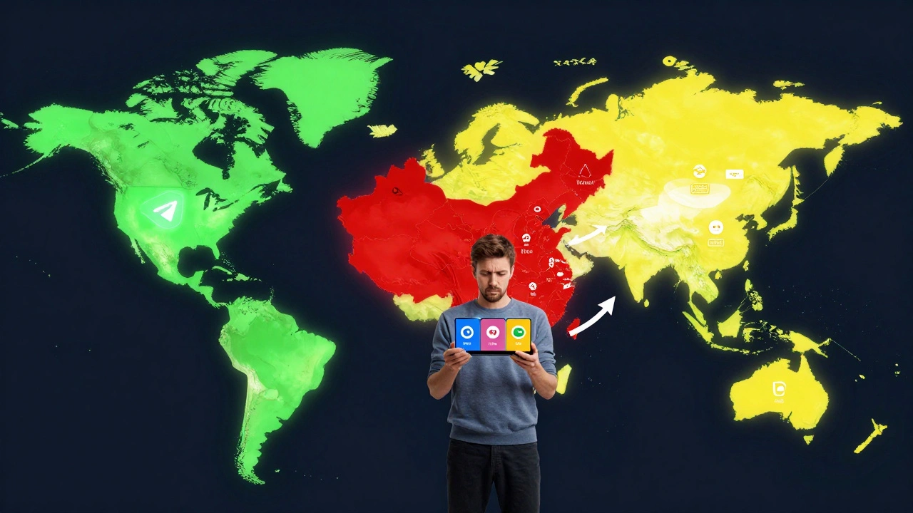 Глобальные карты с цветовыми зонами Telegram, WeChat и LINE, человек в центре с устройством, подключающимся ко всем трём системам.