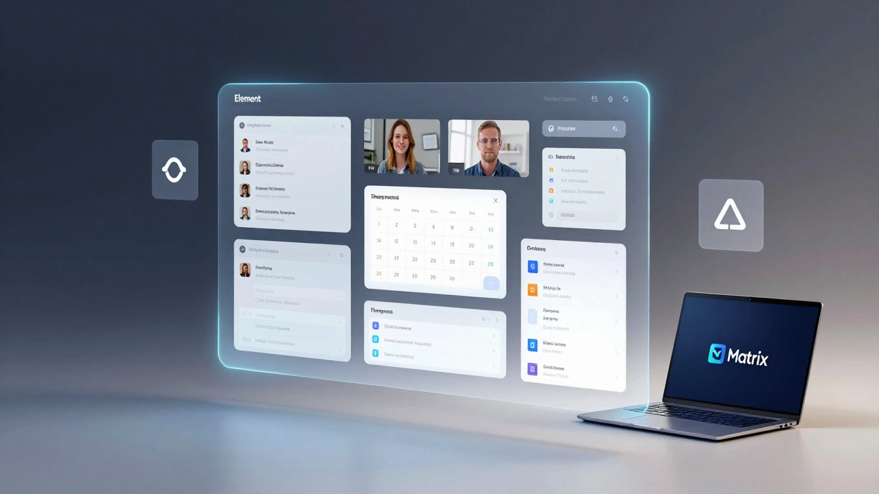 Голографический интерфейс Element объединяет чаты, звонки и календарь, на фоне — личный сервер на ноутбуке.