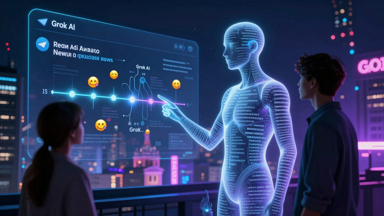 Голографический силуэт Grok AI рядом с пользователем в Telegram, анализирующий реальное время новостей.