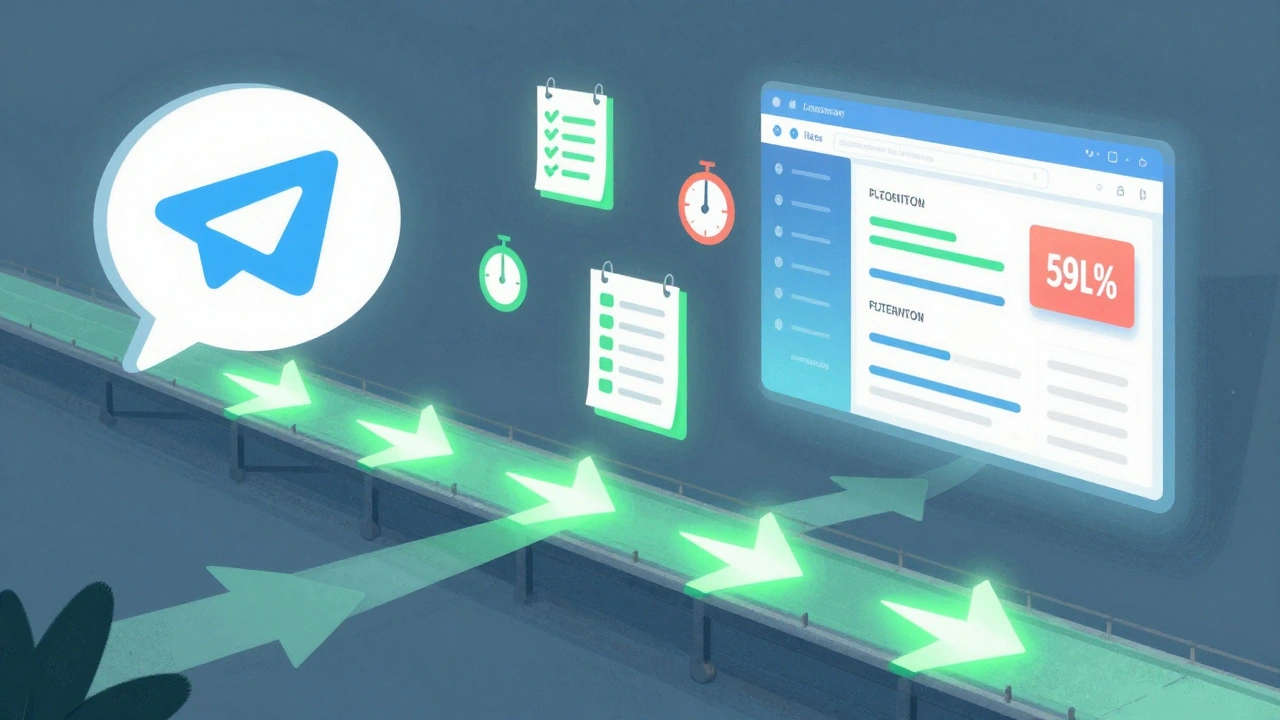 Горящая дорога из стрелок соединяет чат Telegram с панелью продаж, символизируя рост конверсии через правильные ссылки.