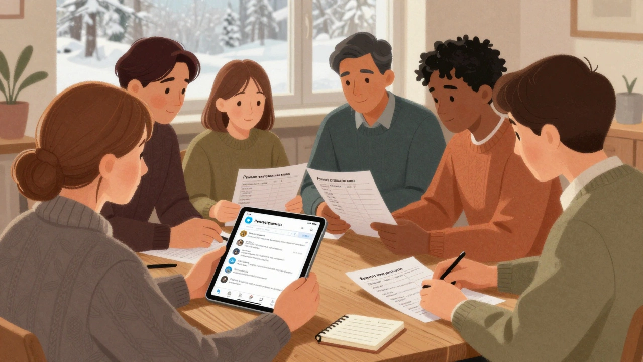 Группа людей в Сибири изучает печатные чек-листы по ремонту стиральных машин