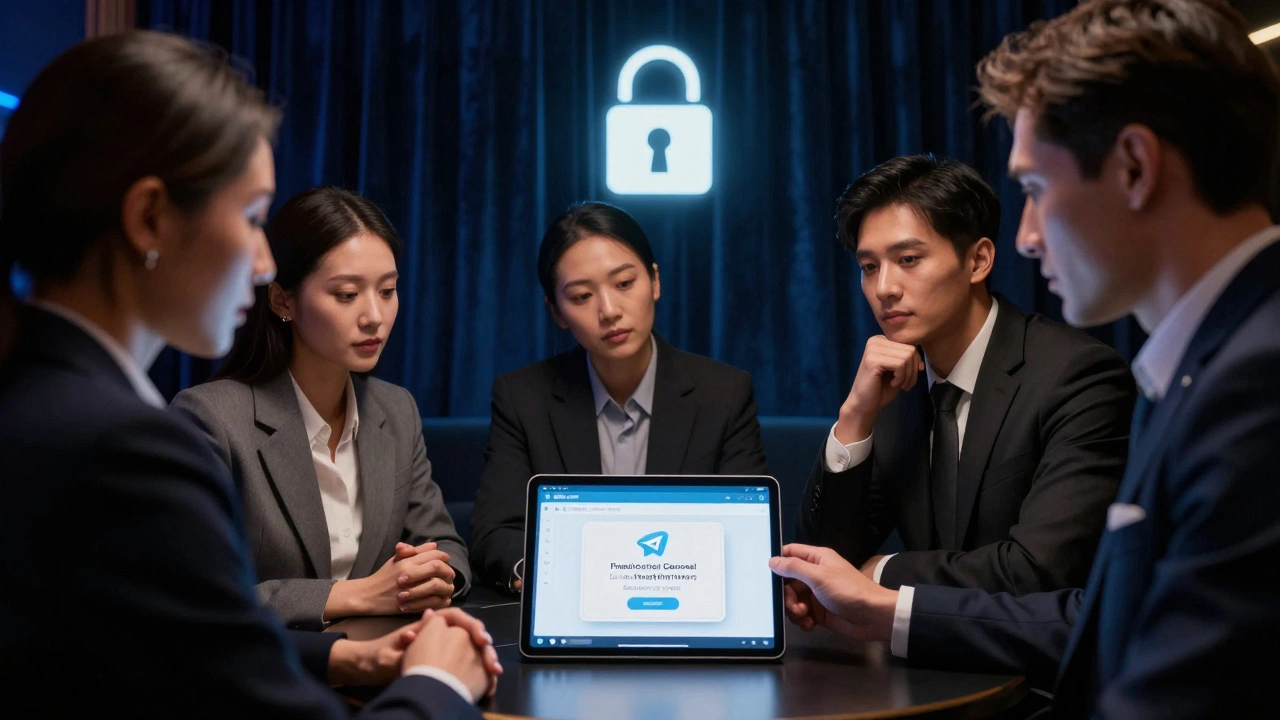 Группа людей в закрытом пространстве получает персональное приглашение на приватный Telegram-канал, символизируя доверие и эксклюзивность.
