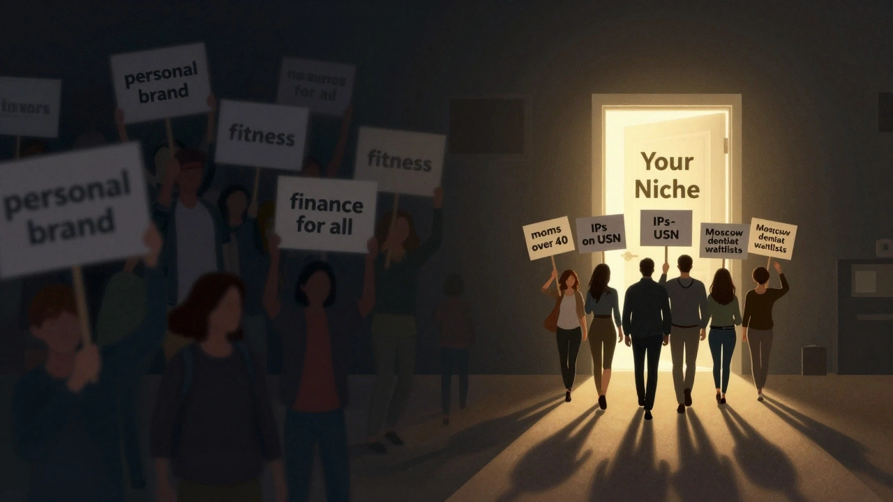 Хаотичная толпа против узкой, ярко подсвеченной дороги к нише — символ точного выбора аудитории.