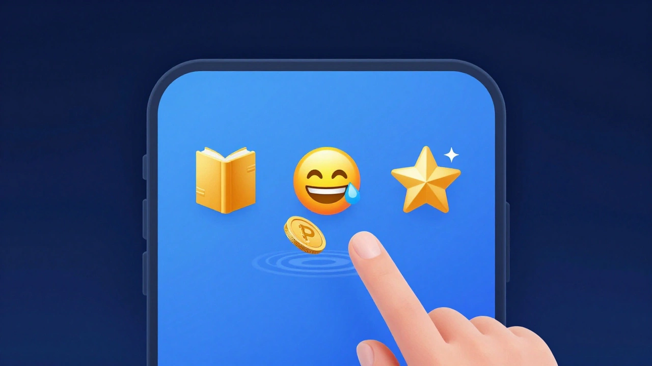 Интерфейс Telegram Stars с анимированными подарками: книга, смех и звезда, переходящими в рубли.