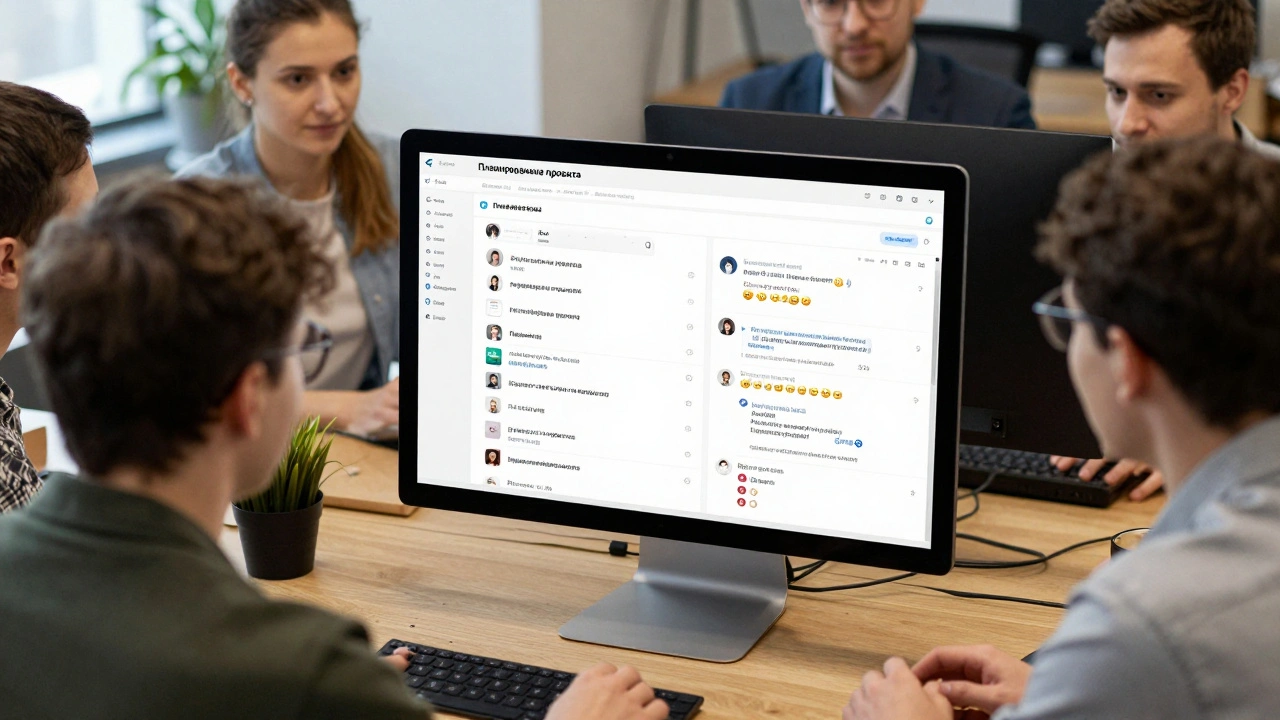 Команда рассматривает Telegram-канал с задачами, упоминаниями и файлами на экране.