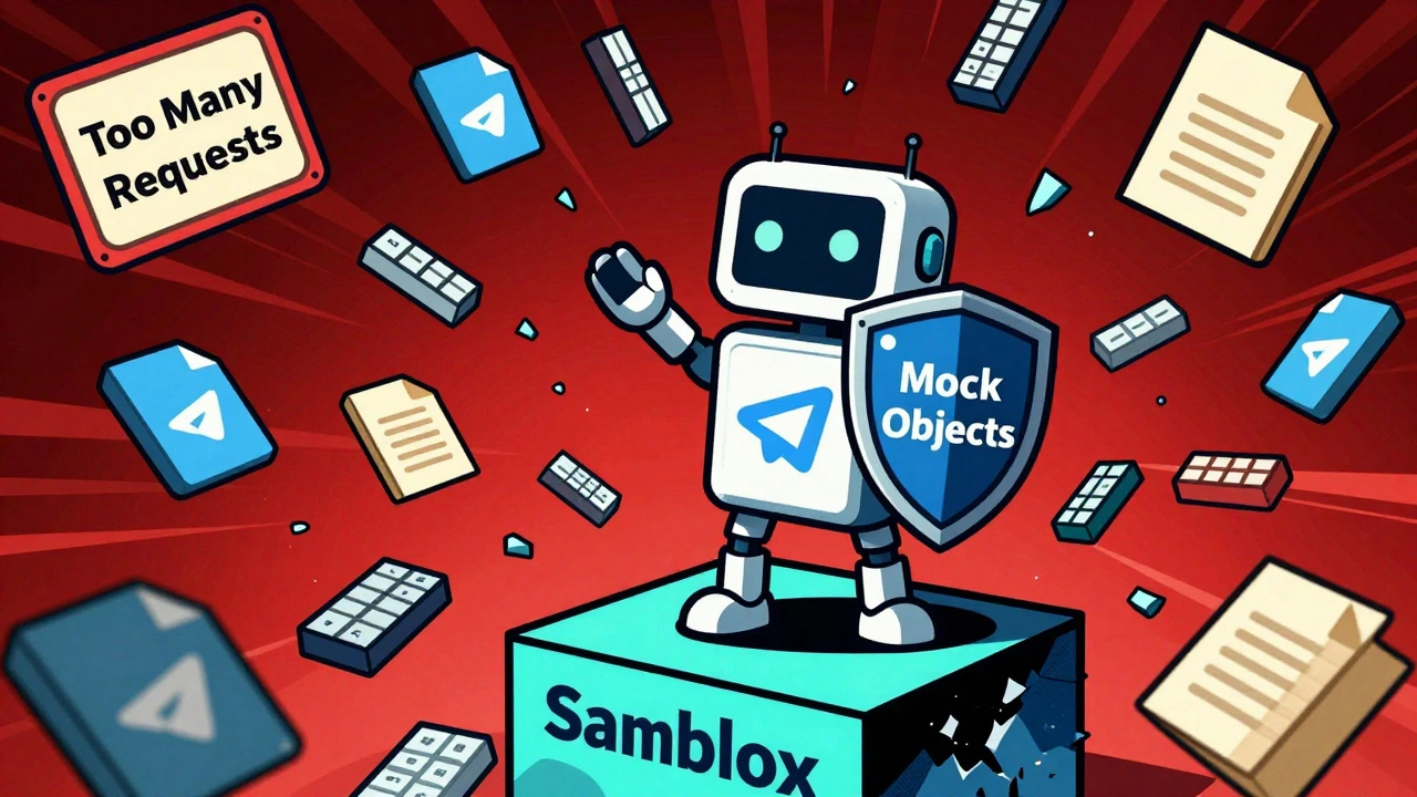 Комикс-стиль: Telegram-бот защищается от сбоев с помощью мок-объектов и песочницы, в окружении предупреждений и поврежденных элементов.