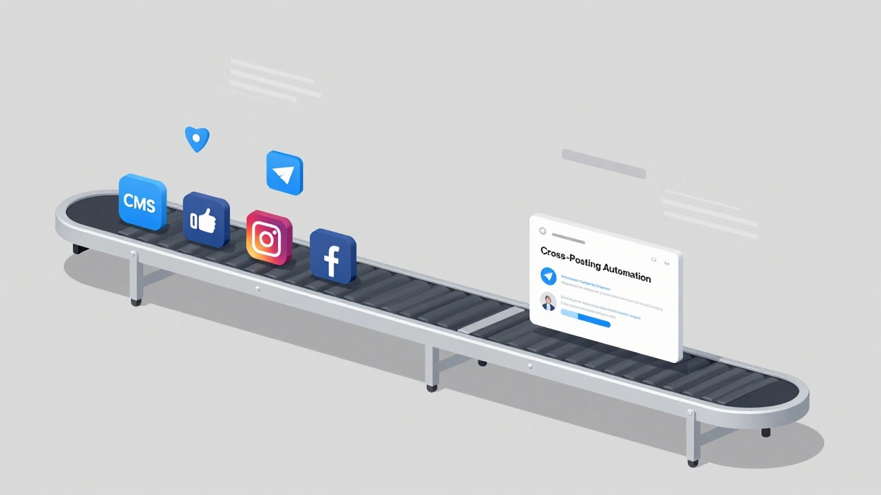 Конвейер автоматического кросс-постинга: контент из соцсетей и CMS превращается в посты для Telegram.