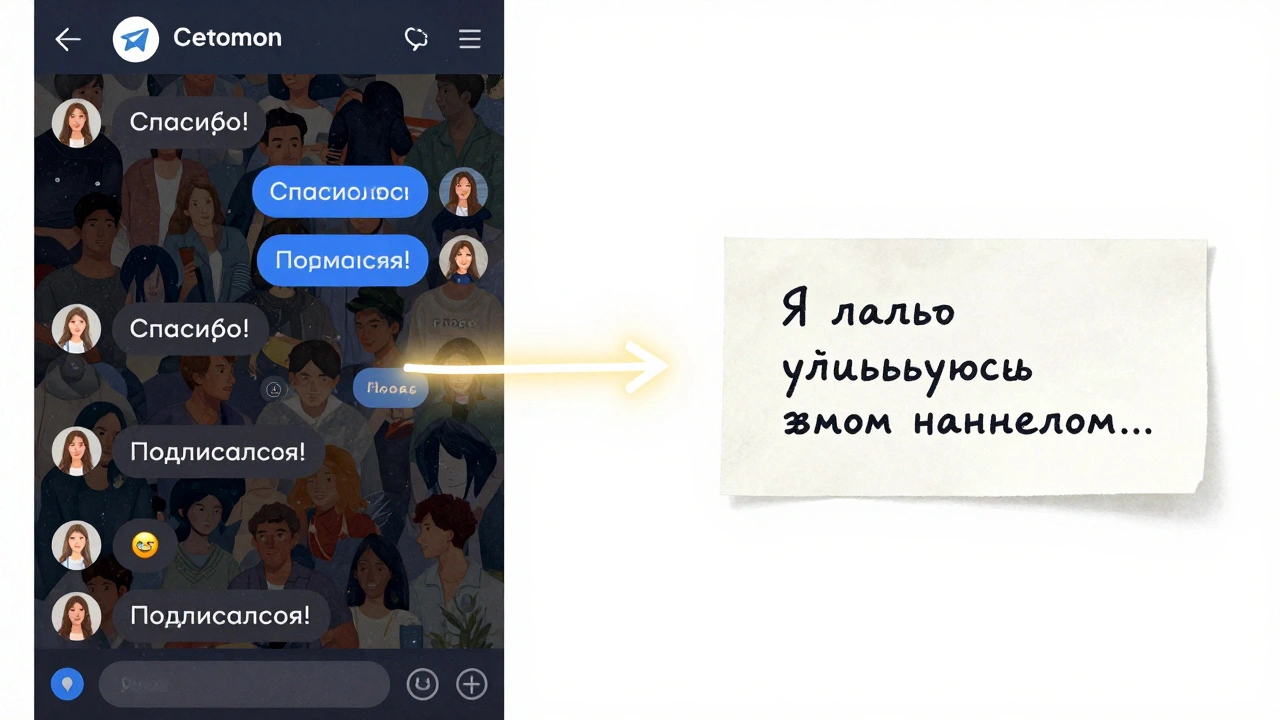 Лента Telegram с активными комментариями и постом с личной рекомендацией, соединённые светящейся стрелкой, символизирующей рост аудитории.