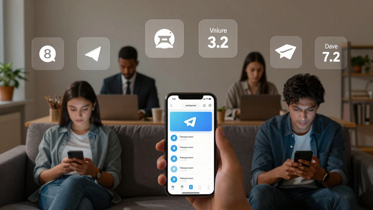 Люди разных возрастов смотрят Telegram-пост в разных обстановках, над ними — визуализация аналитических данных: просмотры, уникальные пользователи, пересылки.