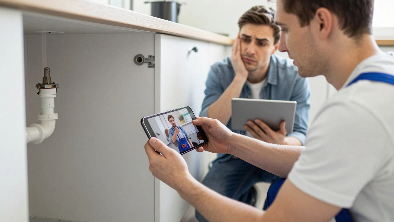 Мастер по ремонту показывает повреждение трубы через видеосообщение в Telegram, клиент смотрит на экран.