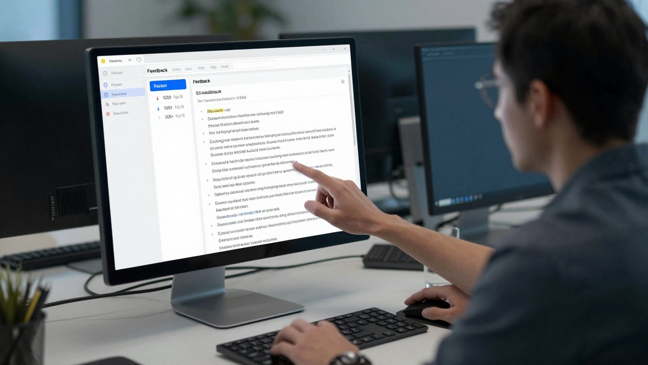 Moderator moving a comment from a chaotic comment stream into a labeled topic folder on a desktop screen with analytics dashboard in background.