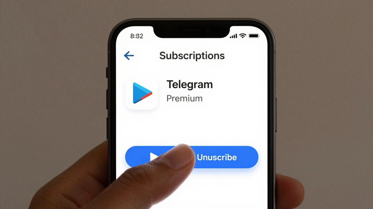 На экране Android-телефона в Google Play отображается подписка Telegram Premium с кнопкой отмены.
