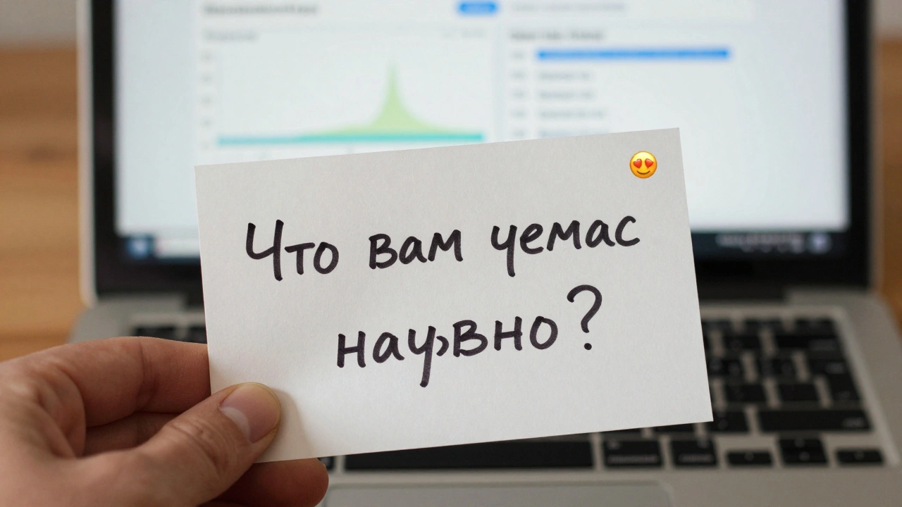 На столе лежит записка с вопросом 'Что вам сейчас нужно?' рядом с экраном аналитики Telegram и одним сердечком в комментарии.