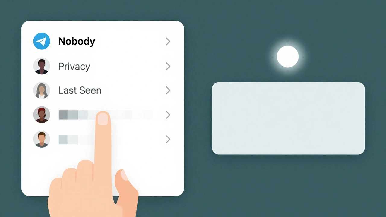 Настройка приватности в Telegram: выбор 'Никто' для последнего визита, при этом статус 'онлайн' остаётся видимым в чате.
