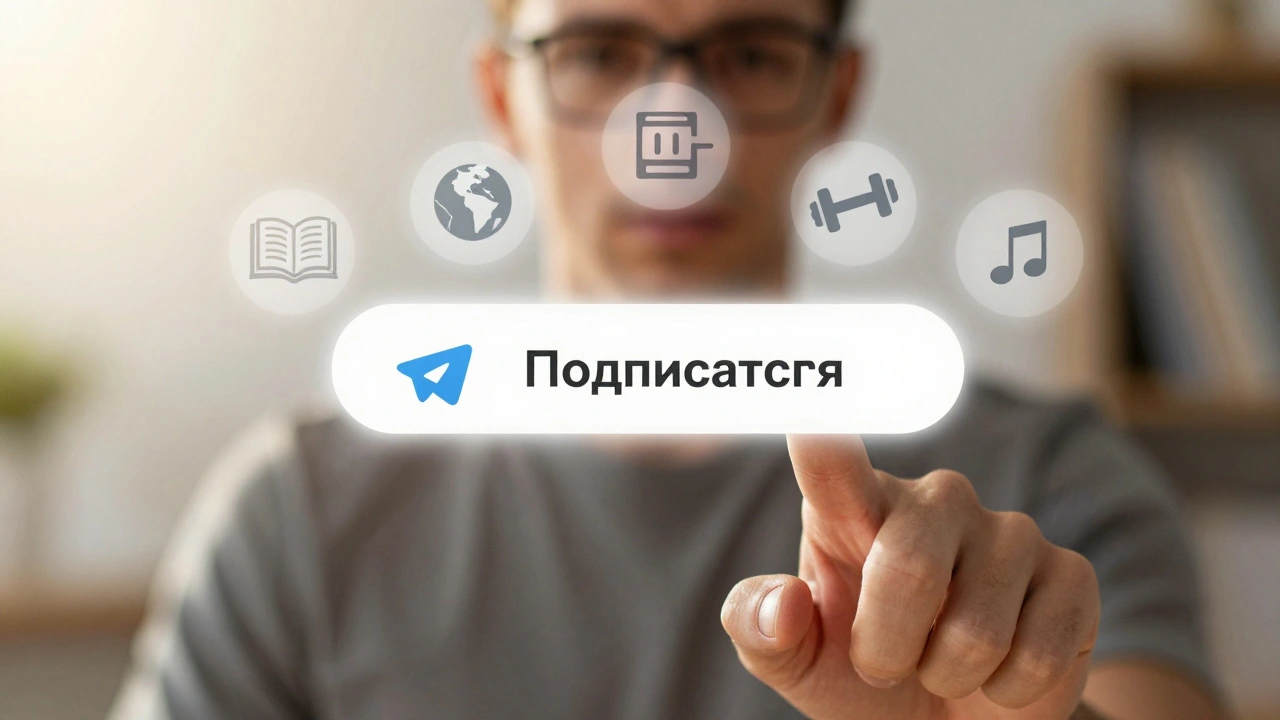 Нажатие кнопки 'Подписаться' на канале Telegram с иконками тем, которые он охватывает.